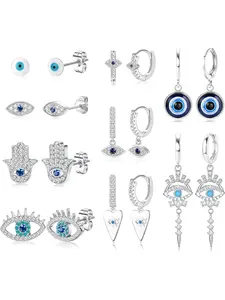 9 Pairs Evil Eye Earrings for Women 14k Silver Gold Plated Evil Eye Huggie Hoop Dangle Earrings and Stud Earrings Set Dainty White Blue Cubic Zircon Eye Earrings Statement Earrings, Studs Earrings