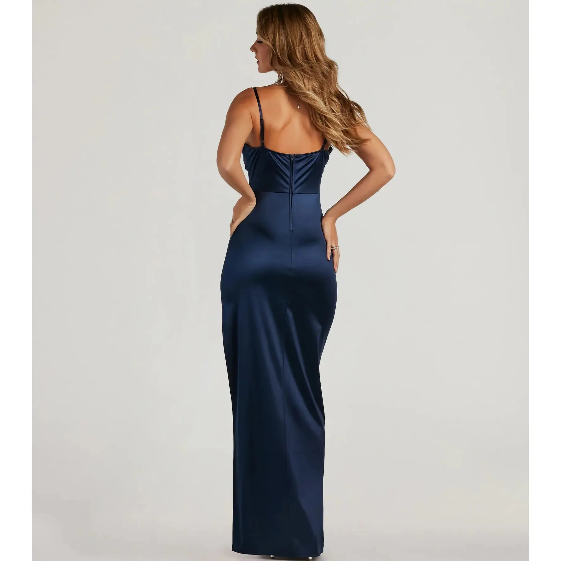 Iliana Cowl Neck High Slit Satin Column Dress
