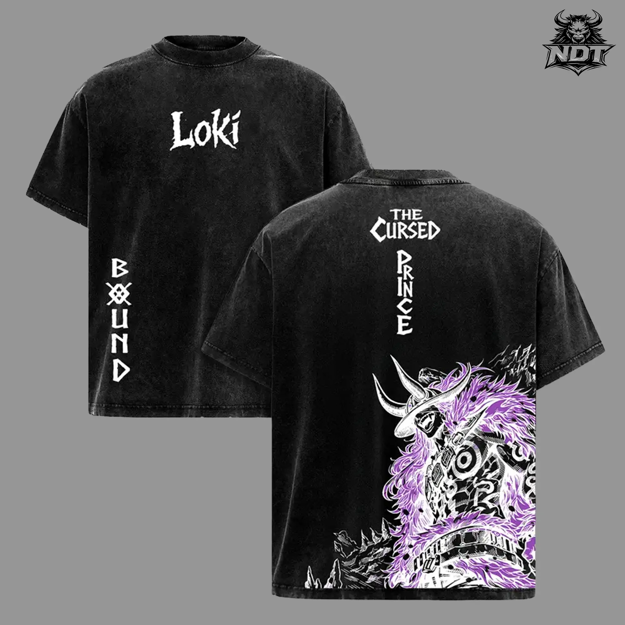 Loki Washed Tee – One Piecee Anime Elbaf Giant Prince Manga Graphic Double Printed T-Shirt, Menswear Heavy Cotton Unisex Oversize Streetwear Vintage Anime Tee