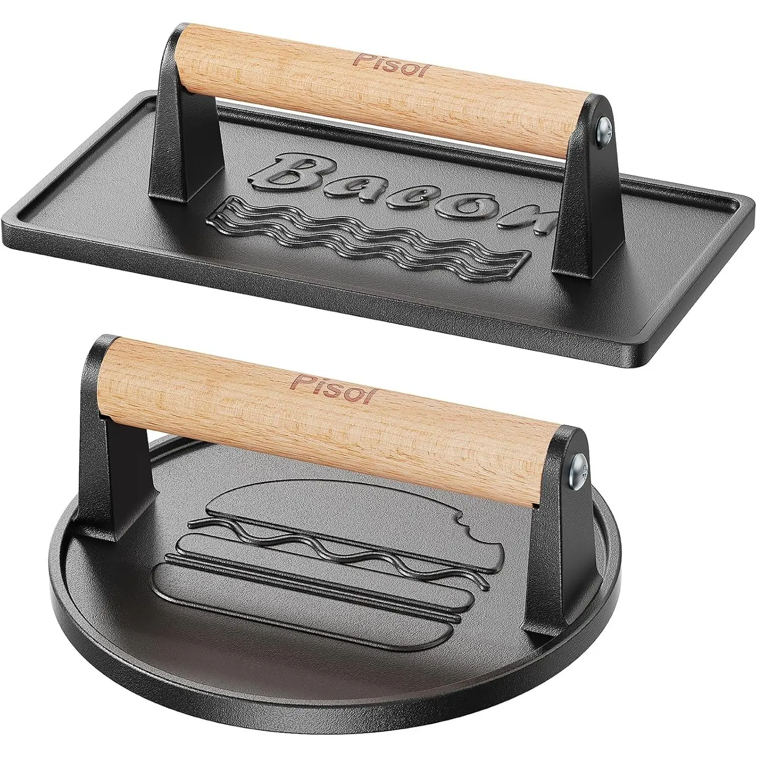 Smash Burger Press (2PCS), Pre-Seasoned Cast Iron Hamburger Smasher, Heavy-Duty Bacon Grill Press Tool with  Handle, (Round & Rectangle)
