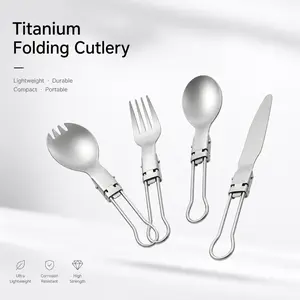 Titanium Folding Tableware Set with Knife, Fork, Spoon, Venice Curry Spoon - Portable Camping Gear for Outdoor Hiking, Picnic - Autism Support Suitable Cutlery Set Matte Black Stainless Steel Silverware plate zoo plates