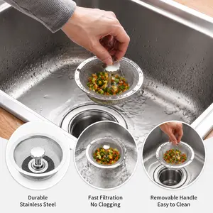 1 Count, stainless steel kitchen sink drain filter with movable handle, fine mesh to catch food residues for home kitchen use