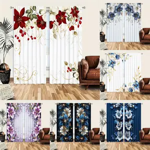 2 pieces of artistic floral printed filter curtains, made of polyester fabric and designed with pole pockets, suitable for bedrooms, living rooms, and offices - fade resistant, machine washable, decorative curtains, Window Curtain