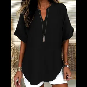 Women’s plain short-sleeve blouse, casual solid-color top for daily wear, ladies’ clothing for all seasons
