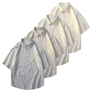American retro plaid vertical striped short-sleeve shirt with button pockets and a turn-down collar; men’s summer casual loose top; Japanese-inspired business style—youthful, minimalist, versatile streetwear brand; unisex design for everyday wear. summerv