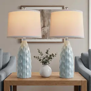 Creamic Table lamp Set of 2, Modern 3 Color Temperature Beside Lamp for Living Room, 24" Farmhouse Nightstand Lamps with Linen Shade, Blue Table Lamp for Bedroom Dorm House (2 Bulbs Included)