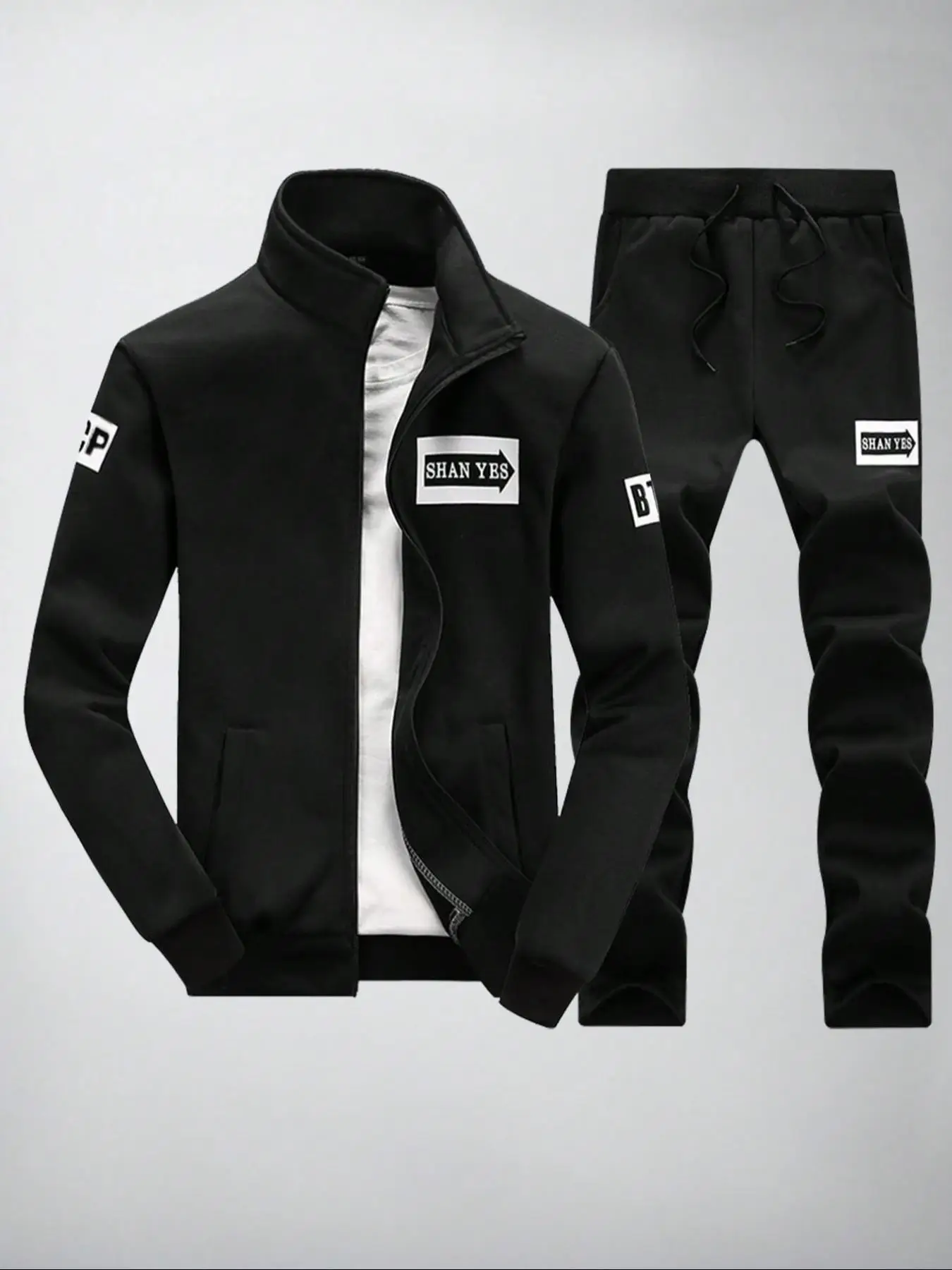 Men's Letter Print Zip Up Sweatshirt & Drawstring Waist Sweatpants Set, Casual Funnel Neck Long Sleeve Outerwear & Pocket Jogger Pants for Spring & Fa