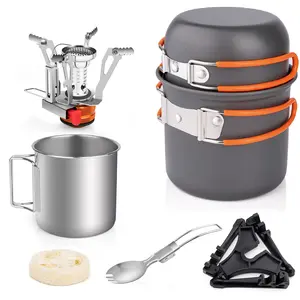 8-in-1 Camping Cookware Camping Pot and Pan Set with Mini Camping Stove Stainless Steel Cup &Spork Tank Bracket and Cleaning Tools Cooking Gear for Outdoor Hiking Campfire