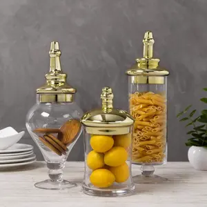 3 count Set Antique Clear Glass Bathroom  Jars with Lid, Wedding Centerpiece, Kitchen Storage Jars with Metallic Brass-Tone Lids