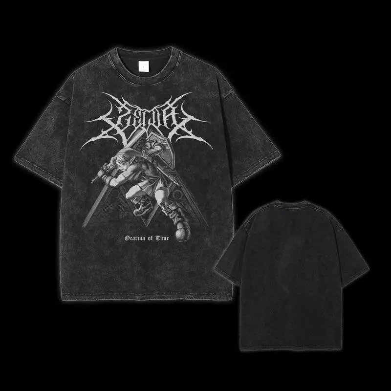 Legend of Zelda Double Printed Oversized Unisex Acid Washed Lightweight Cotton T-Shirt, Metal Link Ocarina of Time Unisex Game Shirt, Menswear Top