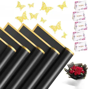 20 Sheets Flower Wrapping Paper, Waterproof Floral Bouquet Wrapping Paper with 3D Butterflies and Greeting Cards, Florist Supplies for Wedding Birthday Gift DIY (Black)