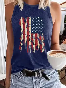 Women's Flag Sleeveless Vest, Casual Elastic Top, Round Neck, All-Season Wear, Fun Design, Stretchy Fabric
