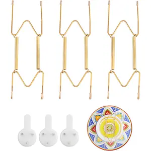 3 Pack Plate Hangers for Wall, Suitable for 6-8 inch Art Plate, Stainless Steel Invisible Heavy-Duty Wire Plate Holder with Wall Hooks, Display Hanger for Decorative Plates/Dishes/Platters(Gold)