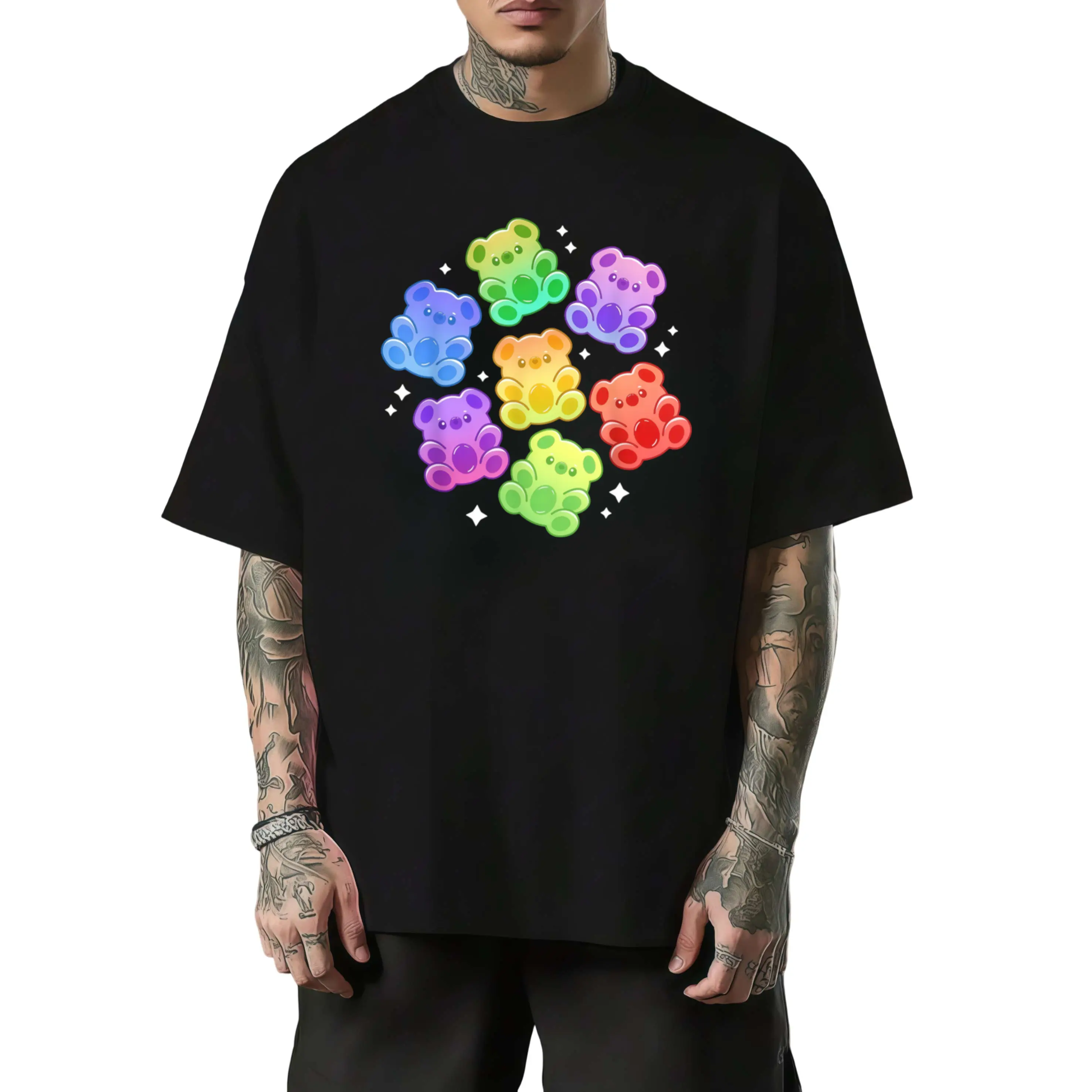 Kawaii Rainbow Gummy Bear T-Shirt for Men - Pure Cotton Cute Retro Graphic Tee with Gummy Bear Print, Unisex Casual Summer T-Shirt Apparel Menswear