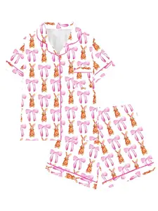 Cute Easter Bunny Pajama Set for Teenage Girls – Lapel Short Sleeve Ribbon Sleepwear, All-Season Comfortable Loungewear & Party Style Outfit