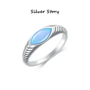 925 Sterling Silver Natural Moonstone Ring - Vintage Ribbed Band, Dainty Marquise Cut Blue Flash Moonstone, Minimalist Boho Stackable Jewelry for Women, Hypoallergenic, Everyday & Statement Wear