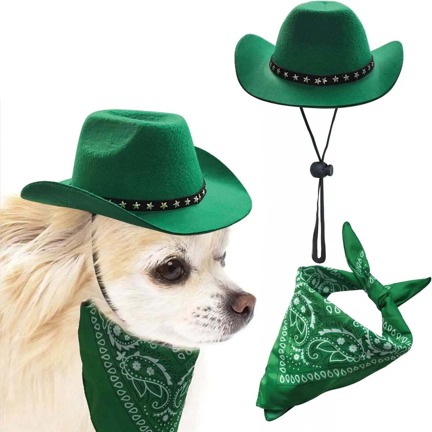 Dog Cowboy Hat and Bandana Scarf Dog Cat Sombrero Puppy Hat Dog Cat Costume Cosplay Cap Puppy Pet Dog Cat Holiday Pet Party Decoration (Green)