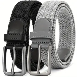 Men's Braided Stretch Belt 2pcs--Elastic Woven Belt, casual Fabric Golf Belt, 1 3/8" for golf pants jeans