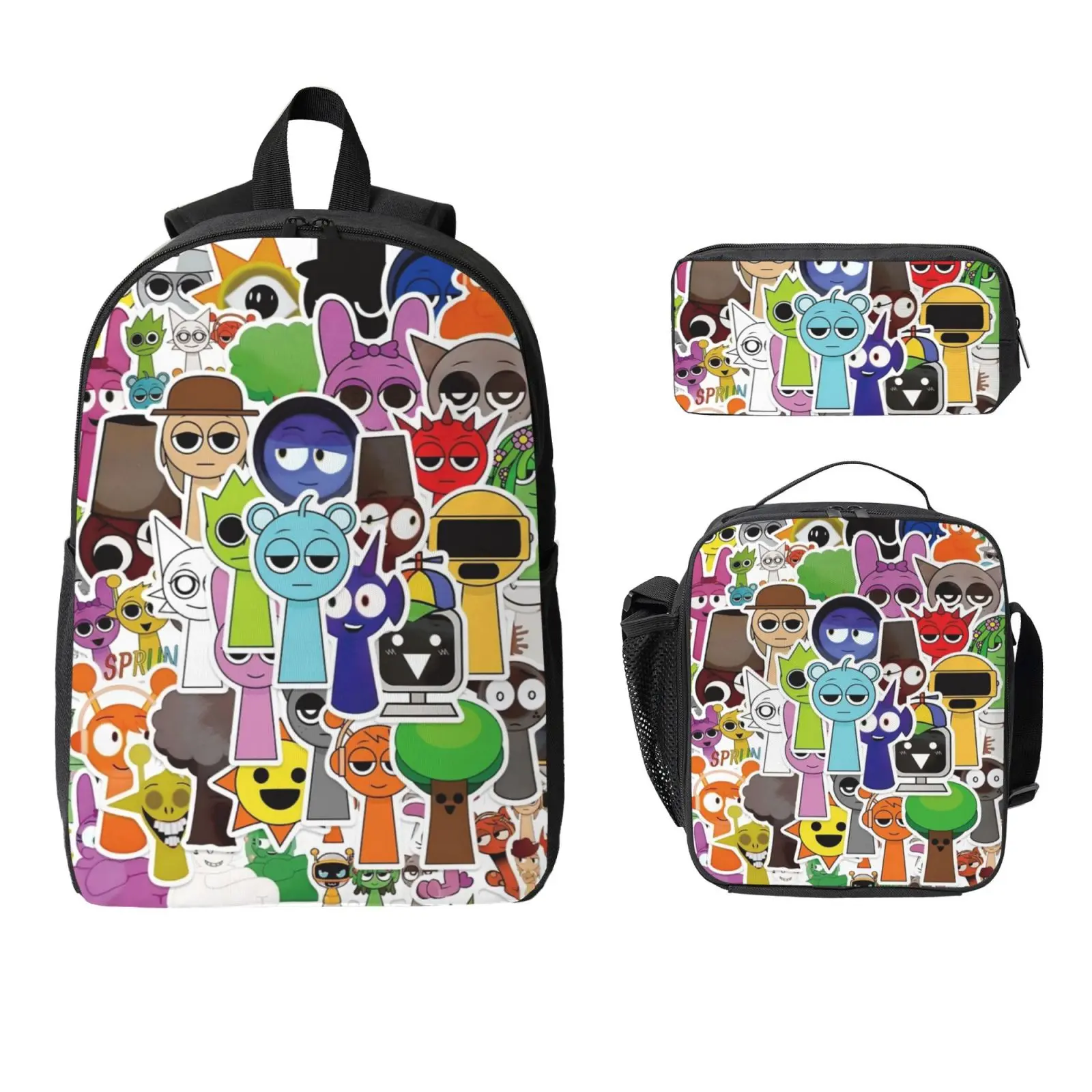 3pcs Sprunki Backpack Set for Girls and Boys Sprunki plush Laptop School Bag with lnsulated Lunch Bag &Pencil Pouch Popular sprunki toys Daypack for Teens,Students&Office Workers