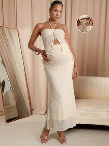 LAFERLIN Maternity Clothes Maternity Co Ord Summer Pregnant Clothes Apricot-Colored Textured Two-Piece Set, Halter Collar Soft And Comfortable Elegant