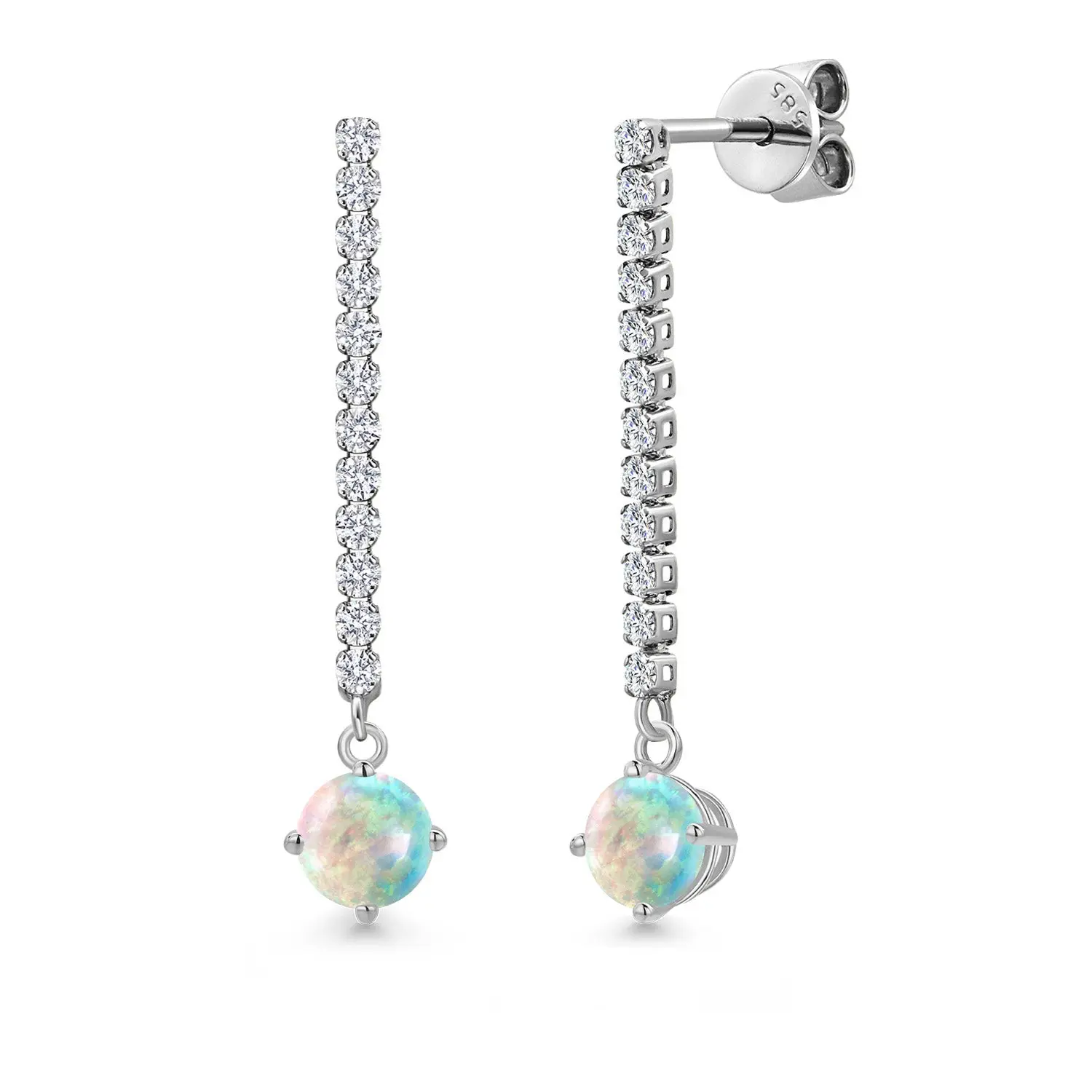 14K White Gold Simulated White Opal and White Lab Grown Diamond Long Liner Dangle Earrings for Women | 1.36 Cttw | Gemstone October Birthstone | Round Cabochon 5MM | White Gold Chain Drop Earrings