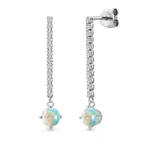 14K White Gold Simulated White Opal and White Lab Grown Diamond Long Liner Dangle Earrings for Women | 1.36 Cttw | Gemstone October Birthstone | Round Cabochon 5MM | White Gold Chain Drop Earrings