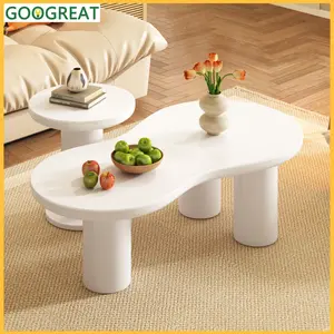 [GOOGREAT]Tea Table, Tea Table ON-TREND Easy Assembly Nesting Coffee Table Set Of 2, Cream Style Cloud Coffee Table With Round Small Side Table,  Irregular Center Table With Thick Legs For Living Room, White, 39.3''X 13.7'',Φ15.7''
