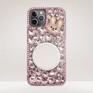 Cute Pink Bunny Mirror Crystal Phone Case with Chain - Stylish Tech Accessories for iPhone 12,13,14,15,16 Pro Max and Plus Smartphones