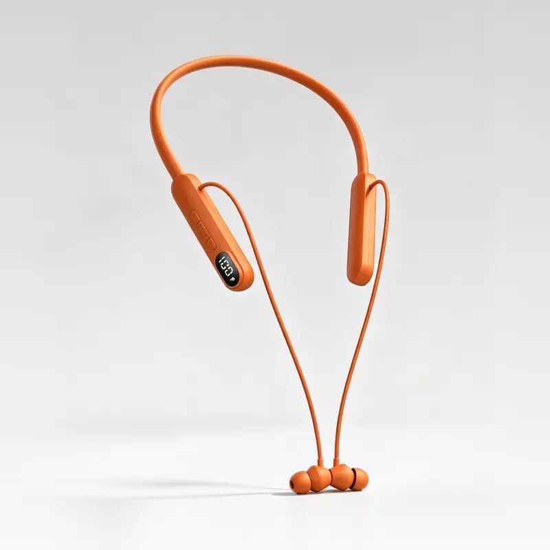 Latest Upgraded U-Shaped Orange Silicone Neckband Wireless Earbuds - Waterproof Bluetooth Device with Digital LED Display, IPX4 Rating, 48H Playtime, Magnetic Cable, Cable Management, Intelligent Controls, Built-In Plastic Batteries for Workout, Commuting
