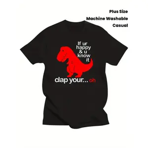 Men's Plus Size Cotton Graphic Tee - Funny Dinosaur Meme Print with Text Clap If You... Ah, Soft & Breathable Fabric, Gray Short Sleeve Round Neck for Oversized Comfort, Machine Wash Easy for Spring Summer Fall Street Style, Casual Humor and Everyday We