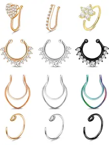 16/20G Fake Nose Ring Hoop For Women Men Stainless Steel Clip on Faux Lip Ear Nose Septum Rings CZ Inlaid Nose Cuff Non Piercing Jewelry 12 Pcs