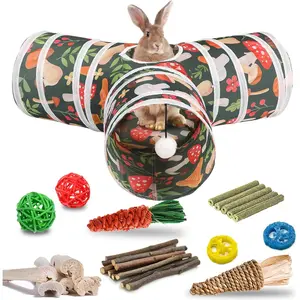 Rabbit Toys, Bunny Tunnel & Tube, Collapsible 3 Way Rabbit Hideout Tunnel with Chew Toy for Bunny Guinea Pig Ferret Kitten COLLAPSIBLE BUNNY TUNNEL HIDEOUT