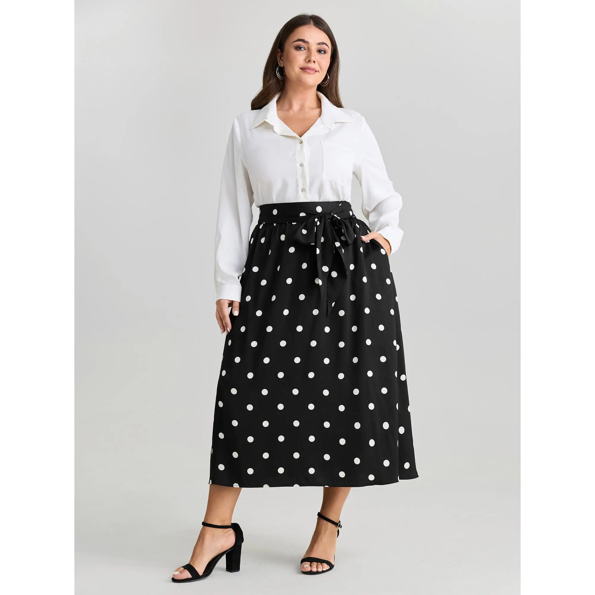 BloomChic Women's Plus Size Polka Dot Maxi Skirt, Casual Polyester Bottom with a Gathered Lace Up Detail and Pockets, Bottom Skirt, Pocket Convenience, Garment, Cold Wash, Machine Wash