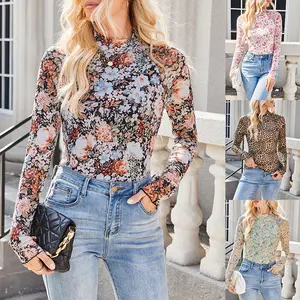 Women's Lace Long Sleeve Mesh Top Mock Neck Sheer Blouse with Floral Pattern for Layering & Stylish Outfits Gothic Chic Elegant Summer Shirts Light