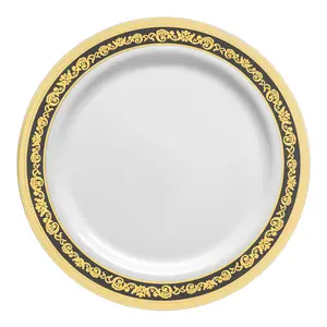 White with Black and Gold Royal Rim Plastic Appetizer/Salad Plates (7.5")