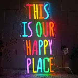 This is Our Happy Place Neon Sign for Wall Decor Colorful Letter Neon Light Cheerful LED Neon Signs with USB for Gym,Classroom,Bedroom,Children's Playground,Bar