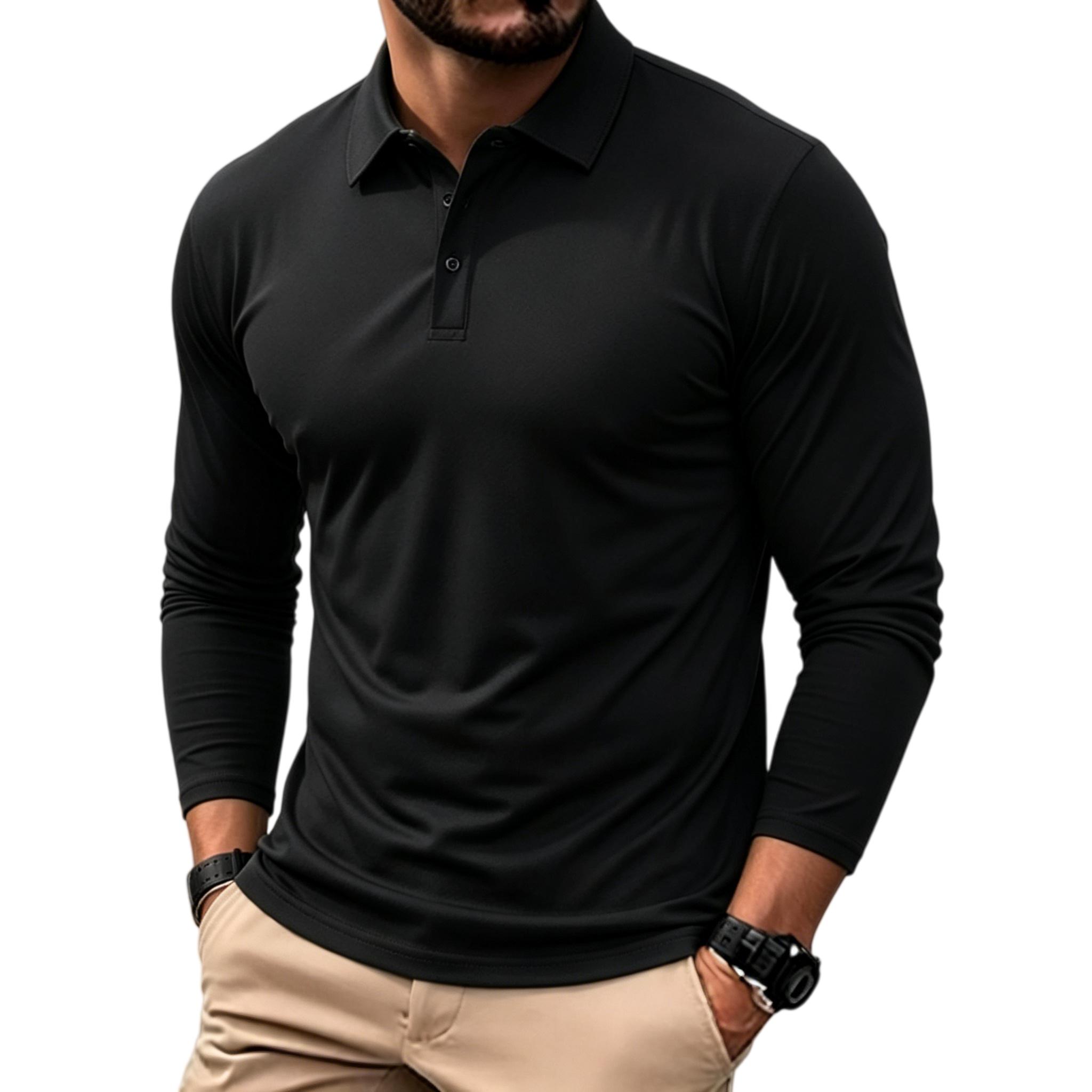 Men’s 6-Pack Black Long Sleeve Polo Shirts - Breathable Menswear, Soft Fabric Tops for Office, Golf, Sweat-Resistant Business Casual Wear, Straight