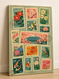 Vintage Japanese Botanical Stamps Wrapped Canvas Wall Art |  Wall Decor Japanese Themed Japanese Themed poster
