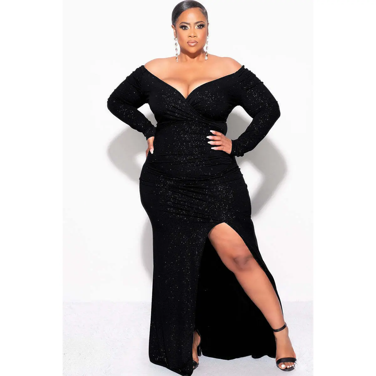 Final Sale Plus Size Off the Shoulder Gown with Ruched Sides and Slit in Black Glitter