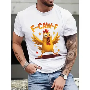 Men's Funny Rooster Graphic Cotton T-Shirt, Casual Round Neck Shortsleeve Top, Breathable Moisture-Wicking Summer Clothes, Large Plus Size Streetwear Crewneck Tee with Rooster & F-Caw-F Print