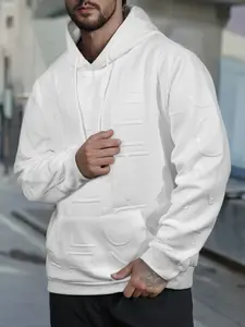 Men's 3D Embossed Letter Hoodie - Casual Long Sleeve Pullover Sweatshirt with Kangaroo Pocket for Daily Wear