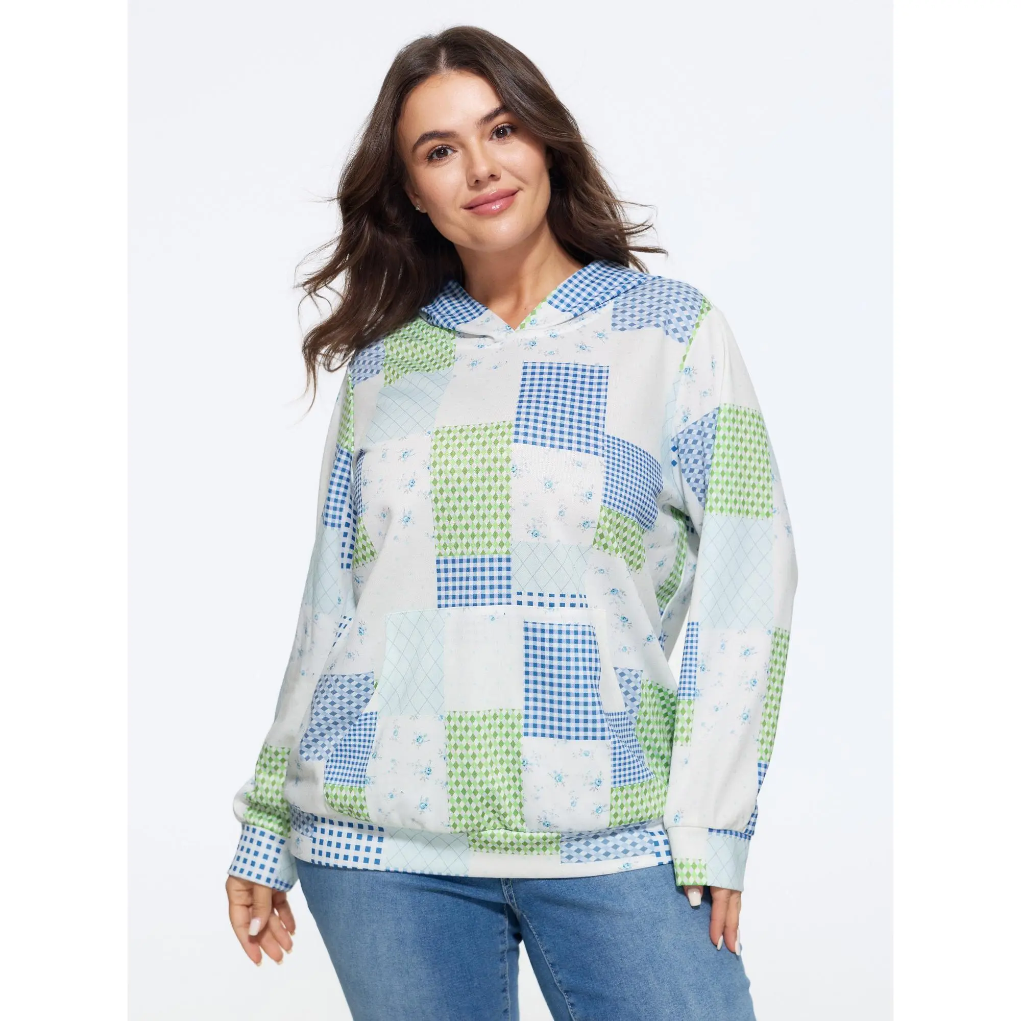 BloomChic Plus Size Supersoft Patchwork Gingham Floral Pattern Hoodie Sweatshirt[M-6X] Back To School,Spotlight Day