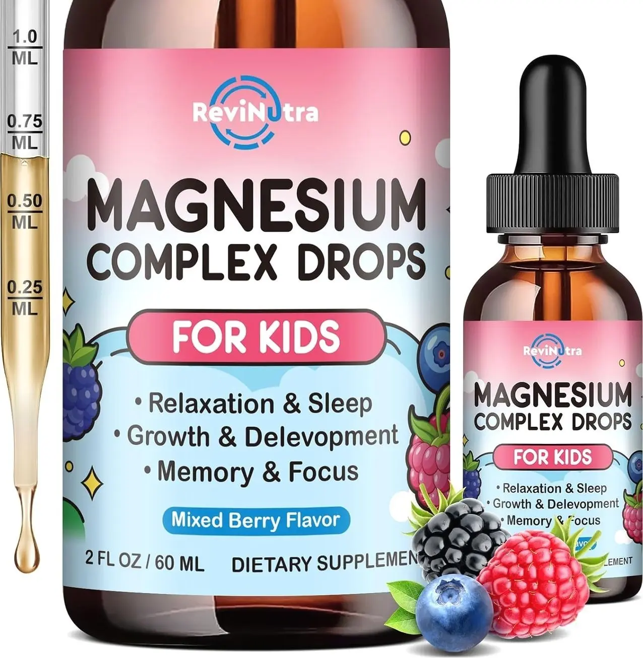 Magnesium Glycinate Liquid for Kids, Kids Magnesium Liquid Drops Supplement with L-Theanine, Calcium, Zinc, Vitamin D3 K2 for Sleep Calm Relaxation Brain Bones Focus, Mixed Berry Flavor 2 Fl Oz