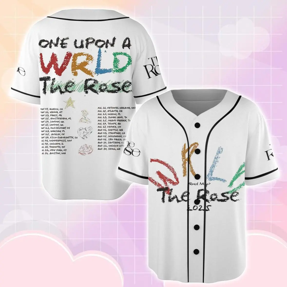2025 The Rose WRLD Tour Baseball Jersey, Tracklist Shirt Kpop Band Merch, Unisex Streetwear Top, Korean Concert Outfit, Fan Gift