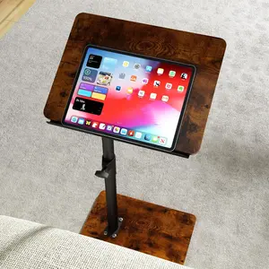 Arm rest table for sofa - 360° swivelling height adjustable, snack table for bed or chair with slots for mobile phone and tablet (wood, angle adjustable)