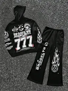 Y2K Streetwear Men's Tracksuit Set - "777" Angel Number & Flame Graphic Hoodie & Sweatpants - Oversized Black Grunge Co-ord for Hip Hop Outfit