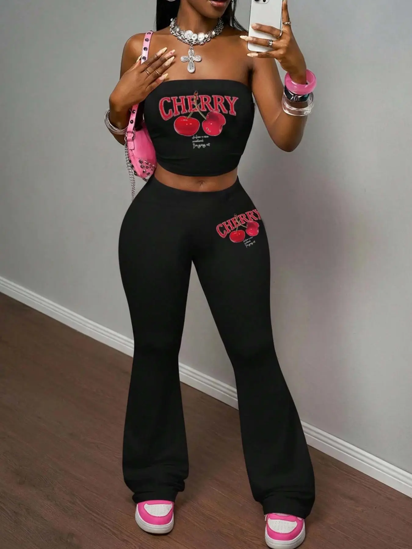 Women's Cherry Print 2 Piece, Strapless Tube Top & Flare Pants, Y2K Bodycon Tracksuit, Casual Crop Top & Bell Bottom Leggings