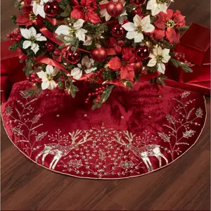 Kurt Adler Elegant Reindeer Embellished Deep Red Christmas Tree Skirt with Glittering Details and Festive Design
