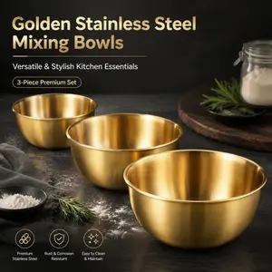 This three-piece gold-plated stainless steel nesting mixing bowl set features stackable prep bowls with measuring marks, is durable, easy to clean, and suitable for baking, cooking, and kitchen preparation.