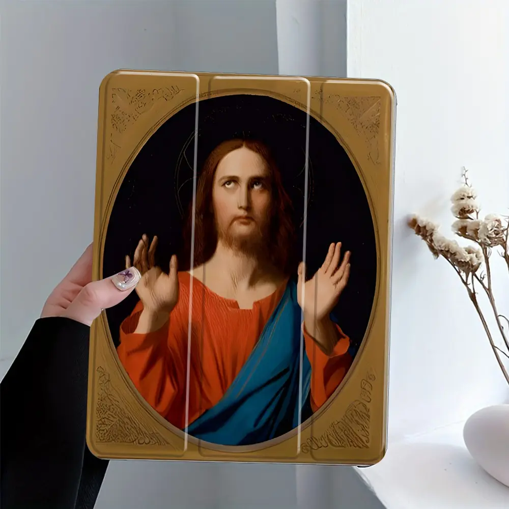 Vintage Religious Portrait iPad Case with Pencil Holder, Shockproof Protective Cover for iPad 7.9/8.3/10.2/10.5/10.9/11/12.9/13 inch, Classic Sacred Art Design for Religious Believers, Perfect for Daily Use & Church